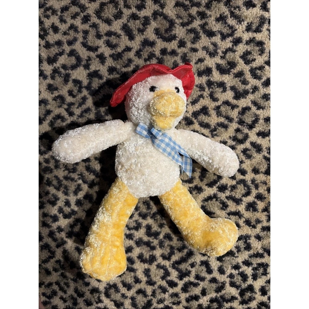 Vtg Plush Duck Stuffed w/ Red Hat‎ & Blue Gingham Bow – Soft Farm Toy Easter